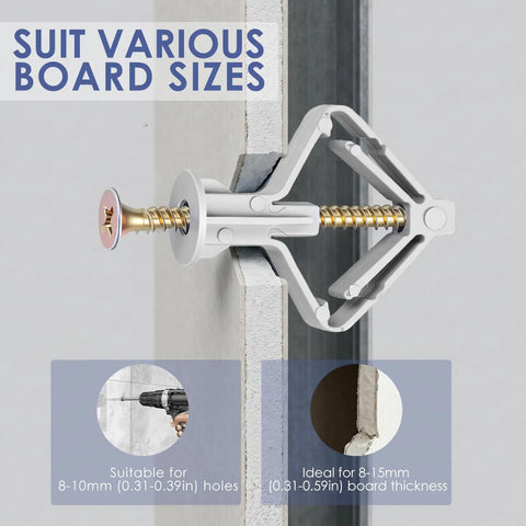 30 Pack Toggle Drywall Anchors And Screws Kit For Heavy Duty Hollow Wall Mounts Plastic Anchors With Zinc Self Tapping Screws Perfect For Hanging Curtains Lamps Picture Frames Shelves And Artwork. gray toggle drywall anchor with zinc screw in hollow wall, for 8-15mm board