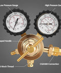 Nitrogen regulator HVAC tool with dual pressure gauges, CGA580 connection, T-shaped handle, and 1/4 inch thread for inert gas purging.