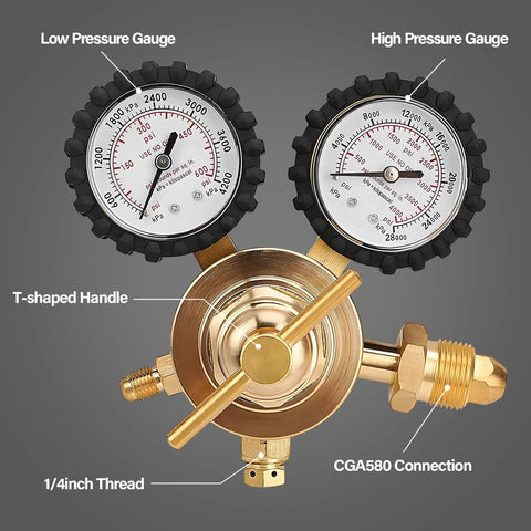 Nitrogen regulator HVAC tool with dual pressure gauges, CGA580 connection, T-shaped handle, and 1/4 inch thread for inert gas purging.
