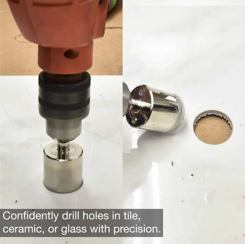 NEIKO diamond hole saw set, 5 pcs, 5/32-1/2 in hollow cores, 1/4 in shank; front drill view with hole saw for tile
