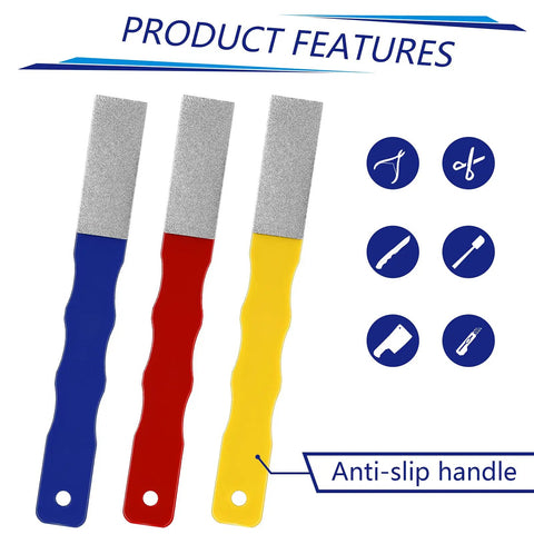 Three diamond sharpening hones with blue, red, and yellow handles for safe edge maintenance, focus keyword included.