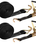 Heavy Duty 2 Inch Ratchet Straps Set, 20 Feet Long With Double J Hooks, 8000 Lbs Break Strength, coiled black straps with hooks