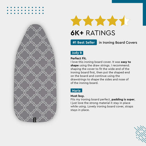 Thick 3mm Felt Ironing Board Cover And Pad For 42x14 Standard Size With Scorch And Stain Resistant Cotton Heavy Duty Drawstring Snug Fit Grey Tile Pattern.