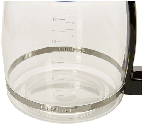 Close-up of 12-Cup Replacement Glass Carafe for Coffee Makers With Dripless Spout, Ergonomic Handle, And Knuckle Guard showing measurement marks.