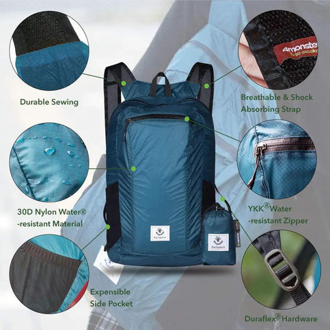 Ultra Lightweight Water Resistant Packable Go To Hiking Daypack For Travel And Outdoor Adventures 16L Blue Backpack, features detailed