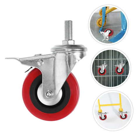Heavy Duty Swivel Caster Wheels Four Pack With Extended Stems For Tool Carts And Hand Trucks Smooth Rollin stainless steel wheel with red tire.