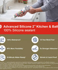 Person using Advanced Silicone 2 Kitchen & Bath Sealant on sink; features listed: waterproof, mold-free, flexible, strong adhesion.