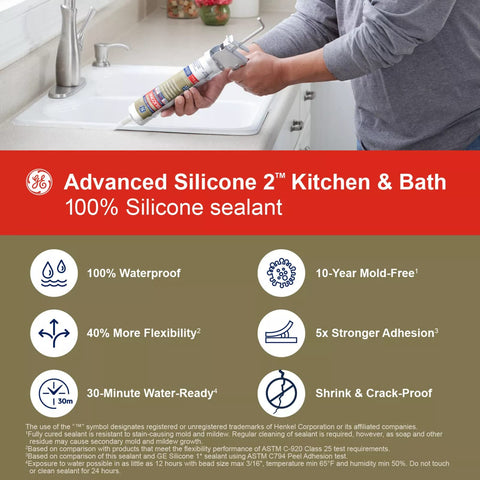 Person using Advanced Silicone 2 Kitchen & Bath Sealant on sink; features listed: waterproof, mold-free, flexible, strong adhesion.