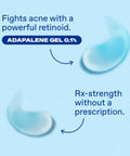 Acne Treatment Gel With 0.1 Percent Adapalene Retinoid, gel drops with text highlighting benefits over blue background