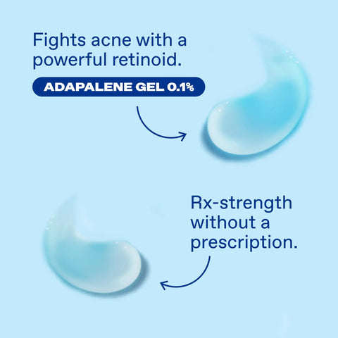Acne Treatment Gel With 0.1 Percent Adapalene Retinoid, gel drops with text highlighting benefits over blue background
