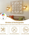 Slick Vintage Gold Wireless Wall Sconces Set Of Two Rechargeable Battery Operated Lights With Amber Stripe Glass Shades And Remote in living room.