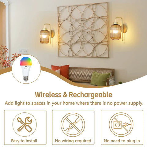 Slick Vintage Gold Wireless Wall Sconces Set Of Two Rechargeable Battery Operated Lights With Amber Stripe Glass Shades And Remote in living room.