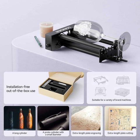 Side view of a black metal longer laser engraver rotary roller with bracket for cylindrical objects; 360° rotation