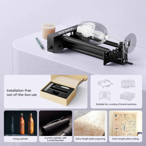 High Performance 360 Rotary Attachment For Laser Engraver showing black attachment with engraved glass, installation-free design.