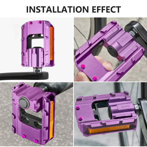 Foldable Bike Pedals Aluminum Alloy 9 Sixteenth Inch With Reflective Strips Non Slip Wide Flat Pedals Purple on bike