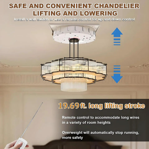 Heavy Duty Electric Chain Hoist With Protective Cover, 220 Pound Capacity And 19 Foot Lift for convenient chandelier lifting.