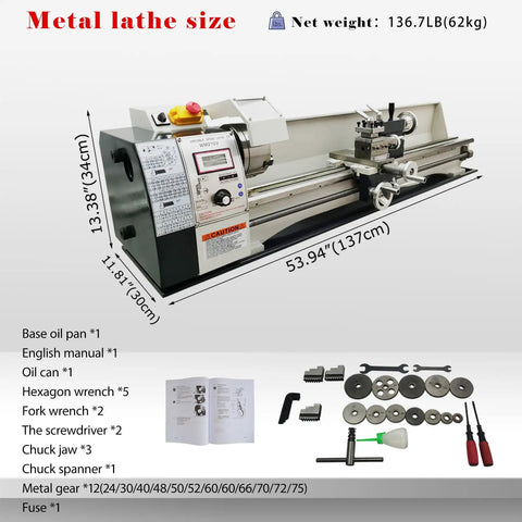 Heavy Duty 8x39 Inch Mini Metal Lathe With Brushless 1100W Motor For Woodworking size chart and accessories overview.
