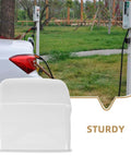 2 Piece Weatherproof Outlet Boxes Tough As Nails ABS Wall Plug Covers Socket Rain Shield Universal Flush Surface Mount Guard for Outdoor Indoor Electrical Safety displayed on a charging station.