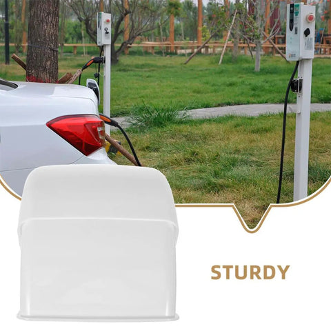 2 Piece Weatherproof Outlet Boxes Tough As Nails ABS Wall Plug Covers Socket Rain Shield Universal Flush Surface Mount Guard for Outdoor Indoor Electrical Safety displayed on a charging station.