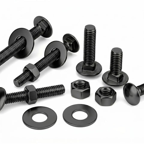 3/8-16 X 6 Carriage Bolt Kit With Nuts And Washers, Round Head Square Neck Bolts, 304 Stainless Steel, Full Thread, Black Finish, Heavy Duty Hardware Set For Furniture, Decks, Rails, Includes 4 Bolts, 4 Nuts, 4 Washers on white background