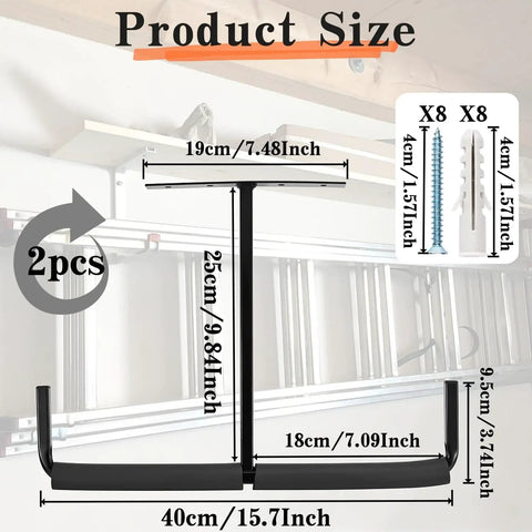 Illustration of overhead garage storage rack with dimensions and heavy duty ceiling hooks for ladders and bulky gear.