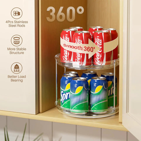 2 Tier Lazy Susan Turntable Organizer For Narrow Cabinets holding soda cans in clear two-tier structure, demonstrating 360° rotation
