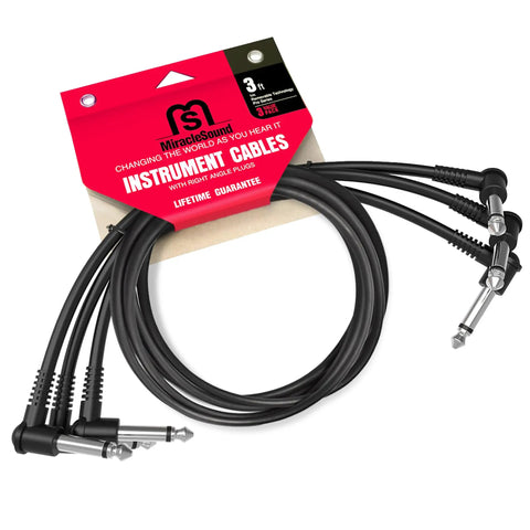 Three Foot Guitar Patch Cable With Right Angle Plug For Pedalboard Effects, durable 3-pack with black design and right-angle jacks.