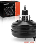 Transform Your Brake Game With This Heavy Duty Vacuum Brake Booster Direct Fit For Acura MDX 03 To 06 Honda Pilot 05 To 08 Ridgeline 06 To 14 showing a black steel brake booster with M8 threads and dual diaphragm design.