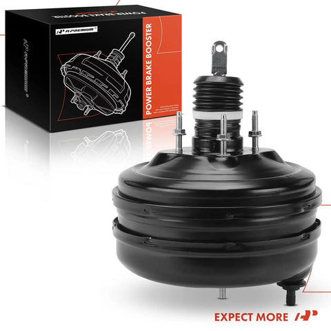 Transform Your Brake Game With This Heavy Duty Vacuum Brake Booster Direct Fit For Acura MDX 03 To 06 Honda Pilot 05 To 08 Ridgeline 06 To 14 showing a black steel brake booster with M8 threads and dual diaphragm design.