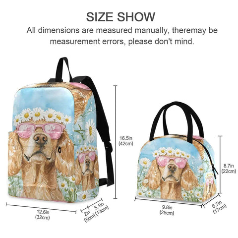 Dog Daisy Sunglass Themed Backpack With Insulated Cooler Lunch Box showing front view and size, featuring a dog with sunglasses.
