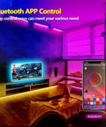 Cozy room with Ultra Long 65.6Ft LED Strip Lights For Bedroom With Music Sync RGB Color Changing App Control displayed on phone.