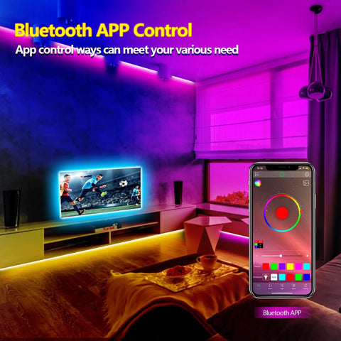 Cozy room with Ultra Long 65.6Ft LED Strip Lights For Bedroom With Music Sync RGB Color Changing App Control displayed on phone.