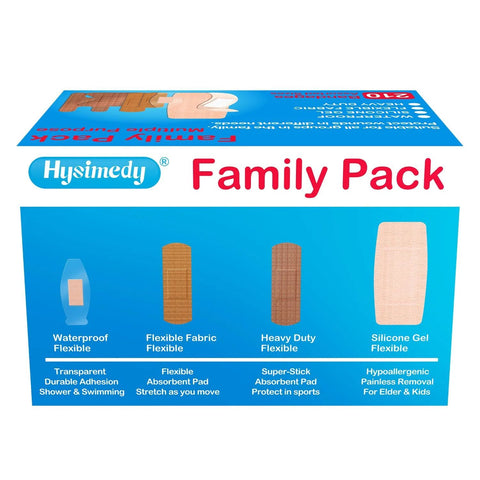 Front view of Hysimedy adhesive bandages Family Pack box with waterproof, fabric, heavy-duty, silicone gel