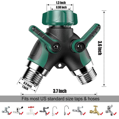 Front view of a garden hose splitter 2-way with long handles; green and black body with metal threaded connectors