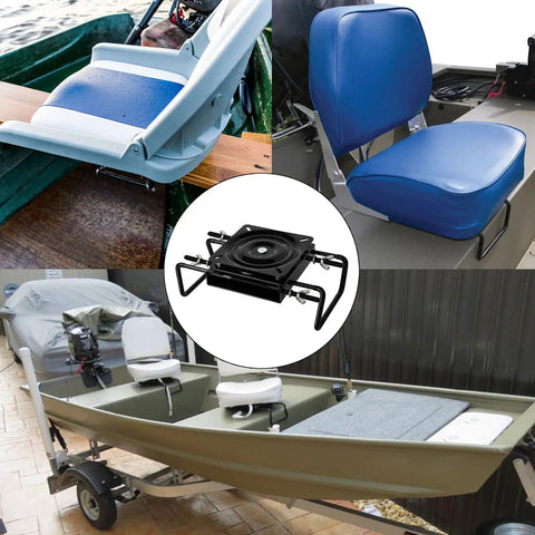 Clamp On Boat Seat Pedestal Mount With 360 Degree Swivel For Jon Boats Kayaks And Fishing Boats With Benches And Bass Skiffs Adjustable From Seven And A Half Inches To Eighteen Inches Powder Coated Galvanized Steel installed on various boat seats.