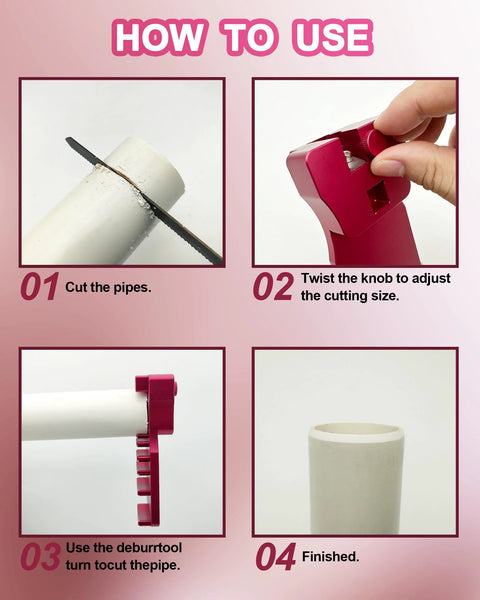 Amazon 9-in-1 PVC pipe deburring tool, pink adjustable chamfer tool for 0.5–4 in PVC pipes, illustrated step-by-step usage.