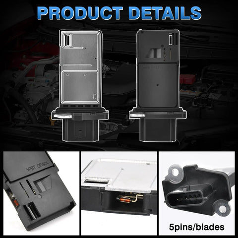 Heavy Duty Mass Air Flow Sensor Meter Replacement 22680 7S000, showing detailed views, 5 pins, and housing for installation in vehicles.