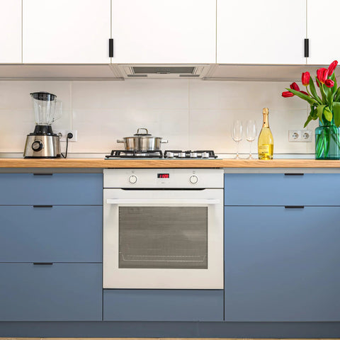 Modern kitchen setup with blue drawers featuring 6 Pack Finger Pulls For Cabinets With 76mm Hole Center And 102mm Overall Length Black Edge Pulls.