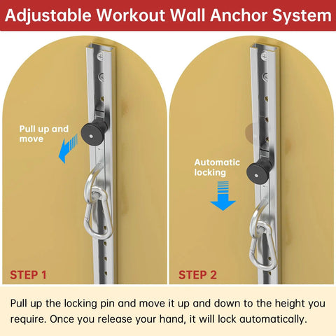 Adjustable Resistance Band Wall Anchor With Thirty Five Lockable Positions Rock Solid Metal Training Platform showing pull up and move mechanism.