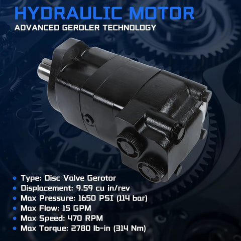 Hydraulic Motor 104-1789-006 Replacement For Eaton Char-Lynn 2000 Series, 9.59 Cu In Displacement, 2-Bolt SAE-A Mount, 470 RPM, 2780 PSI Beefed-Up Heavy-Duty in black disc valve gerotor design