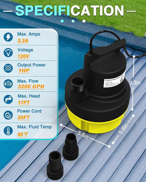 Beefy 1 HP Submersible Sump Pump, 3200 GPH Portable Utility Water Pump For Clean Or Dirty Water, 25 Ft Cord shown with specs