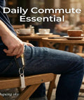 Person holding carabiner keychain clip in cafe setting