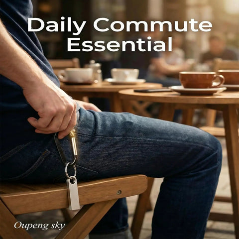 Person holding carabiner keychain clip in cafe setting