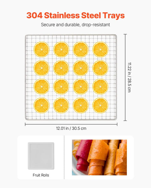 Straight Up Top Shelf Electric Food Dehydrator With 10 Stainless Steel Trays and Adjustable Heat Plus 24 Hour Timer: tray with dried orange slices.