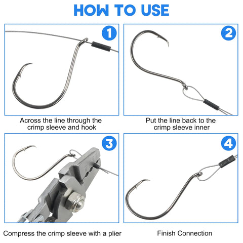Steps of using 420 Piece Fishing Crimp Sleeves Kit With Copper Brass Single Barrel Crimping Sleeves on a fishing hook rig.