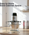 Two Bowls 450W Food Processor With Meat Grinder And Veggie Chopper on kitchen counter, dimensions shown, glass and stainless design