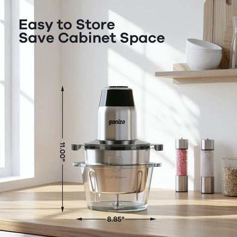 Two Bowls 450W Food Processor With Meat Grinder And Veggie Chopper on kitchen counter, dimensions shown, glass and stainless design