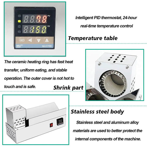 Heavy Duty Electric Wine Bottle Cap Shrinker Machine Stainless Steel Heat Sealer With Digital Thermostat showing temperature control and shrink part details.