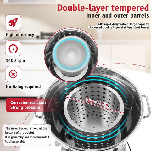 Inner view of No Sweat Electric Commercial Salad Spinner 22 Liter Auto Timer Vegetable Dryer showing double-layer stainless steel design.