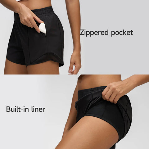 Close-up of Women's Low Rise Running Shorts With Mesh Lined Built-In Liner, Quick Dry Workout Short With Zip Pocket, 4 Inch Inseam